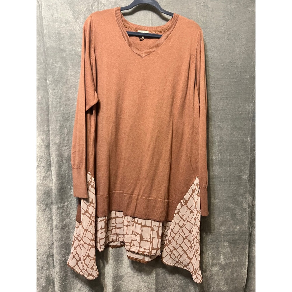 LOGO Lori Goldstein 3X Cotton‎ Cashmere Tunic Top Layered Hem Brown A-Line 3x